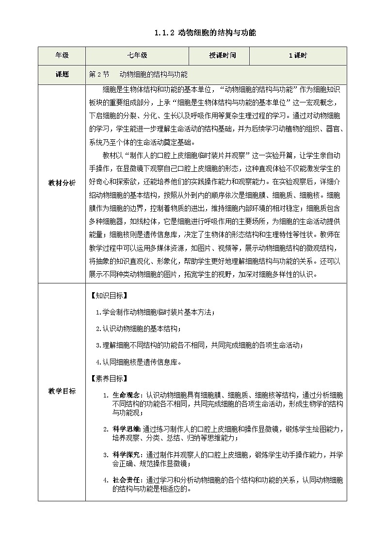 1.1.2 动物细胞的结构与功能(教学设计)生物苏教版2024七年级上册-A4第1页