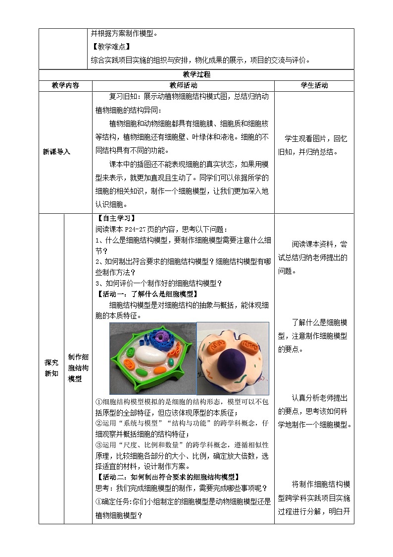 跨学科实践 制作细胞结构模型(教学设计)生物苏教版2024七年级上册-A4第2页