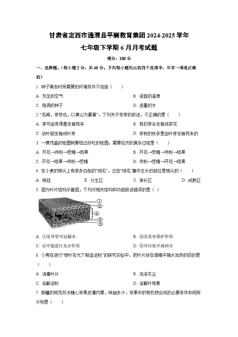 甘肃省定西市通渭县平襄教育集团2024-2025学年七年级下学期6月月考生物试卷(学生版)第1页