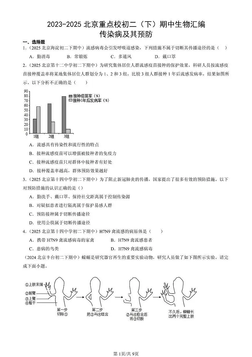 2023-2025北京重点校初二(下)期中生物汇编:传染病及其预防 有答案解析第1页