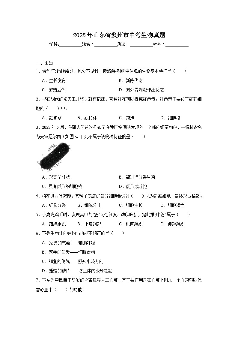 2025年山東省濱州市中考生物真題（無答案）第1页