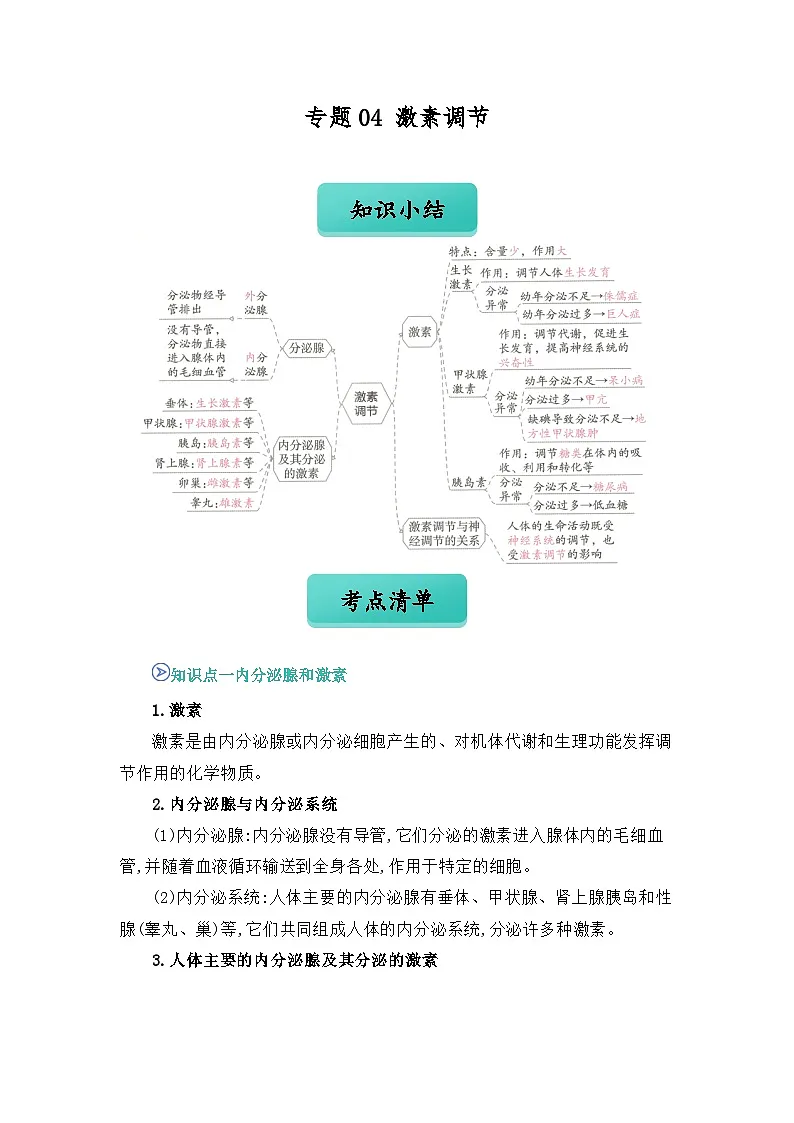 专题04 激素调节(word) 八上生物 人教版2024 期中复习 知识点+习题.(解析版)第1页