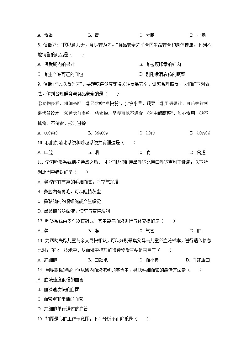 安徽省安庆市怀宁县部分学校联考2025-2026学年八年级上学期开学生物试卷(学生版)第2页