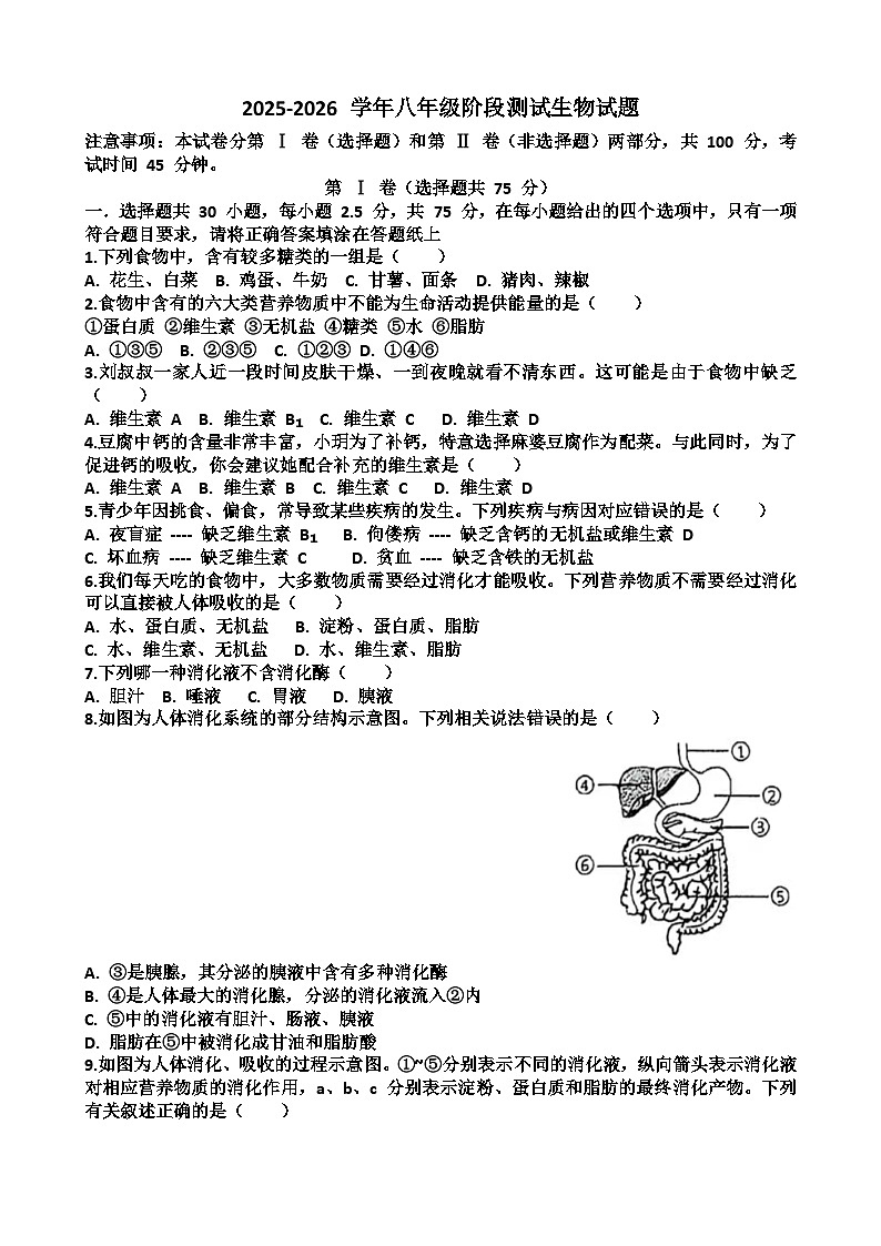 2025—2026学年济南天桥区泺口实验学校八年级上学期生物9月份月考试卷(含答案)第1页