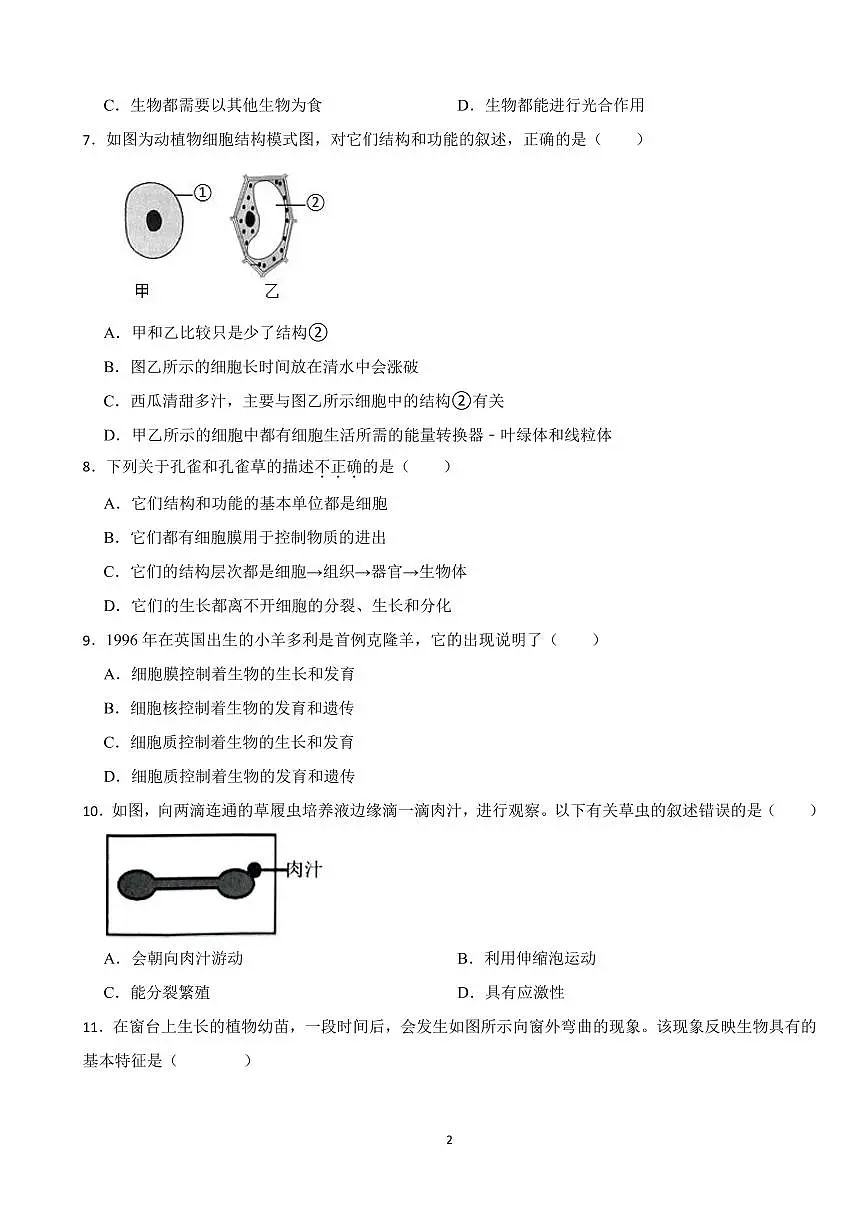 2025-2026学年第一学期人教版2024版七年级生物上册期中考前训练卷含答案第2页