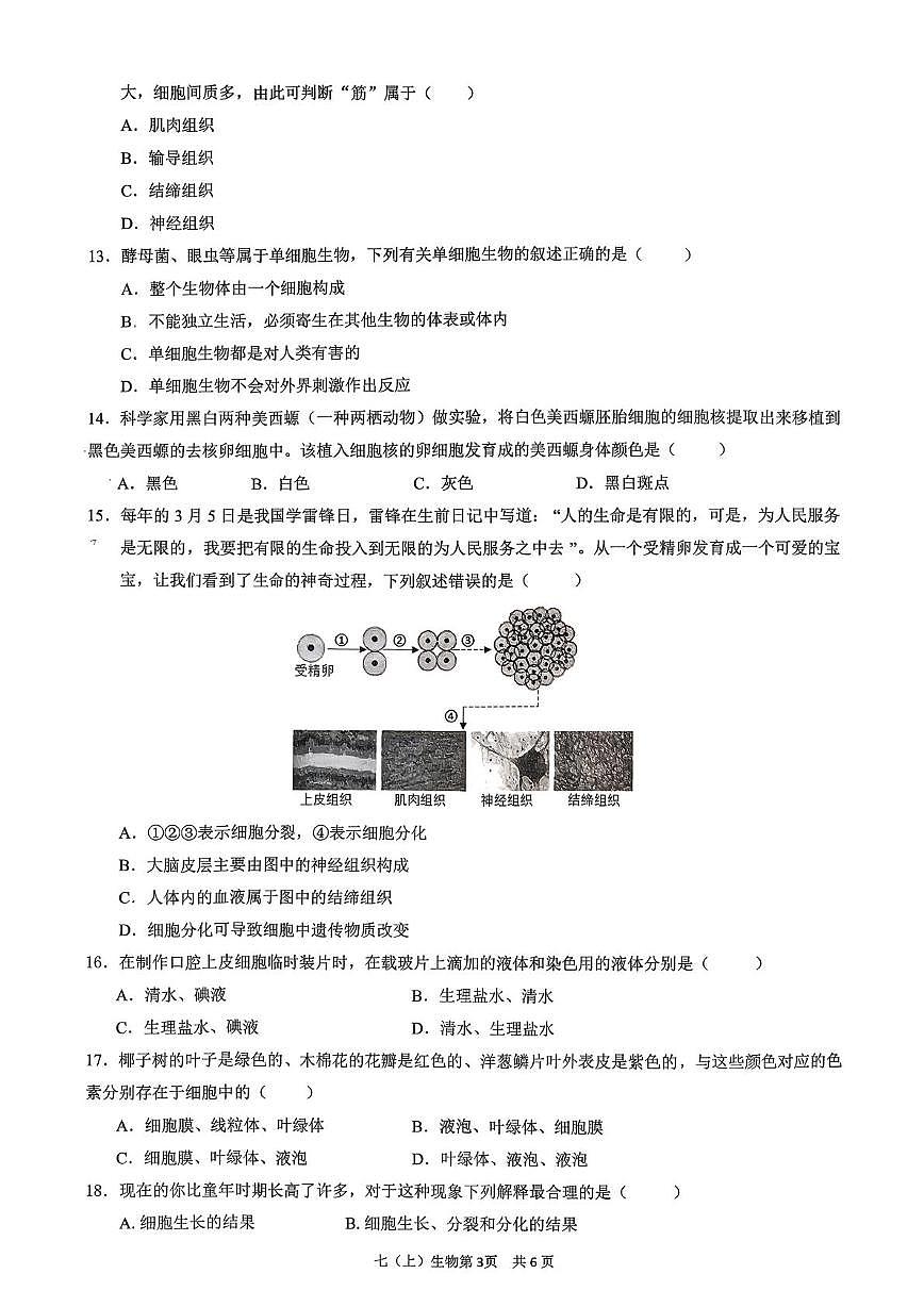 江西省吉安市2025-2026学年第一学期第一次阶段练习七年级生物试题及答案 2025-2026学年第一学期第一次阶段练习七年级生物试题卷第3页