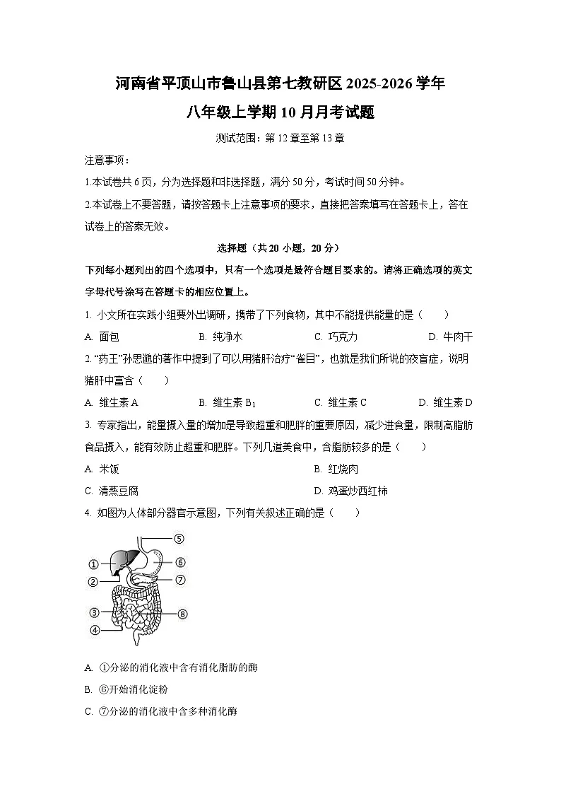 河南省平顶山市鲁山县第七教研区2025-2026学年八年级上学期10月月考生物试卷(学生版)第1页