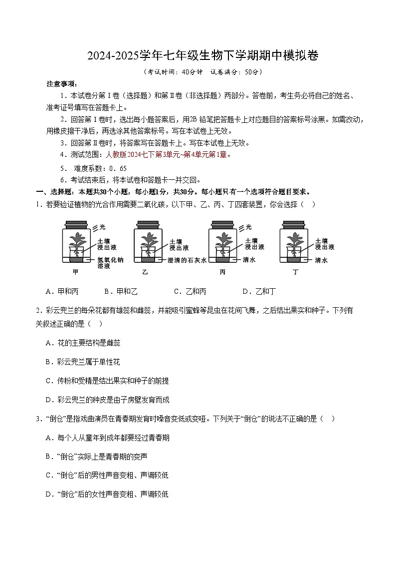 七年级生物期中模拟卷(考试版)【测试范围:人教版2024七下第3单元~第4单元第1章】(深圳专用)第1页