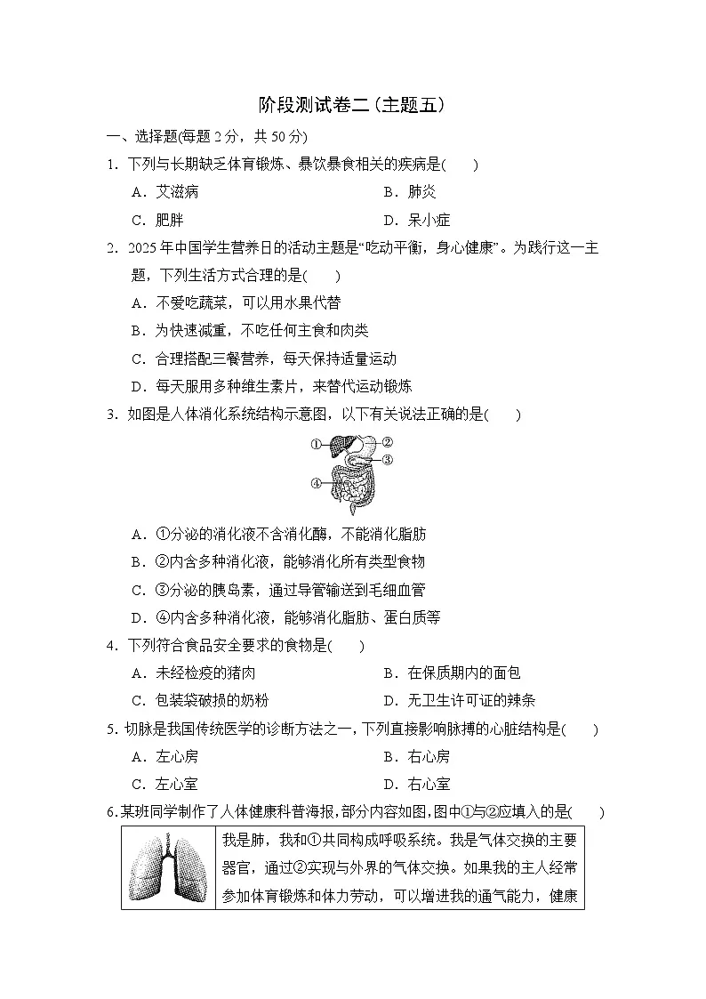 阶段测试卷二(主题五)练习(含答案) 2026年中考生物一轮复习(福建版)第1页