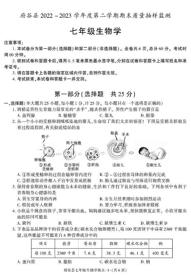 陕西省榆林市府谷县2022-2023学年七年级下学期期末考试生物试卷第1页