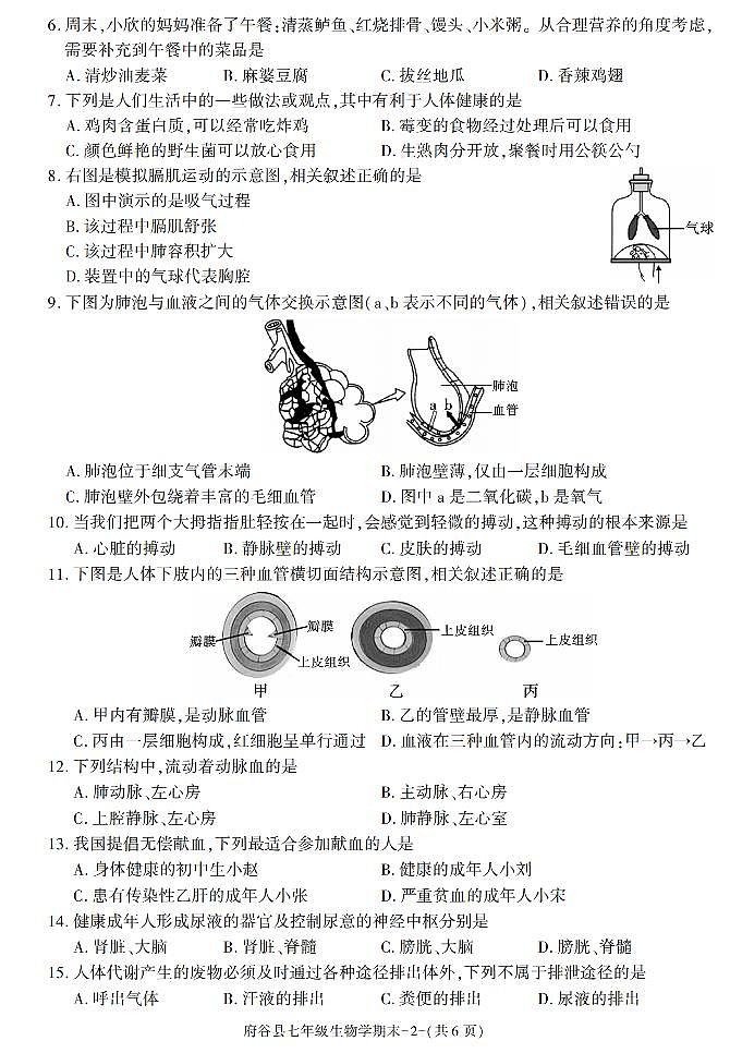 陕西省榆林市府谷县2022-2023学年七年级下学期期末考试生物试卷第2页