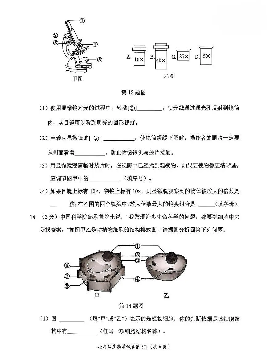 辽宁省大连市中山区2025-2026学年第一学期七年级生物期中试卷(含答案)第3页