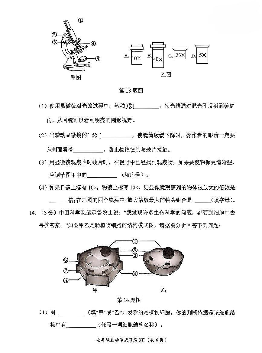辽宁省大连市中山区2025-2026学年第一学期七年级生物期中试卷(含答案)第3页