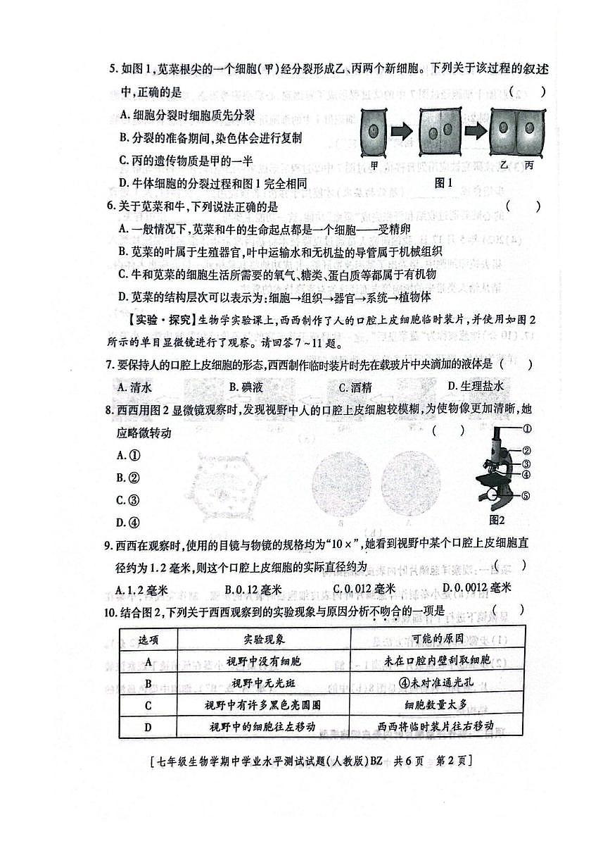 陕西省咸阳市部分学校2025-2026学年七年级上学期期中考试生物试卷第2页