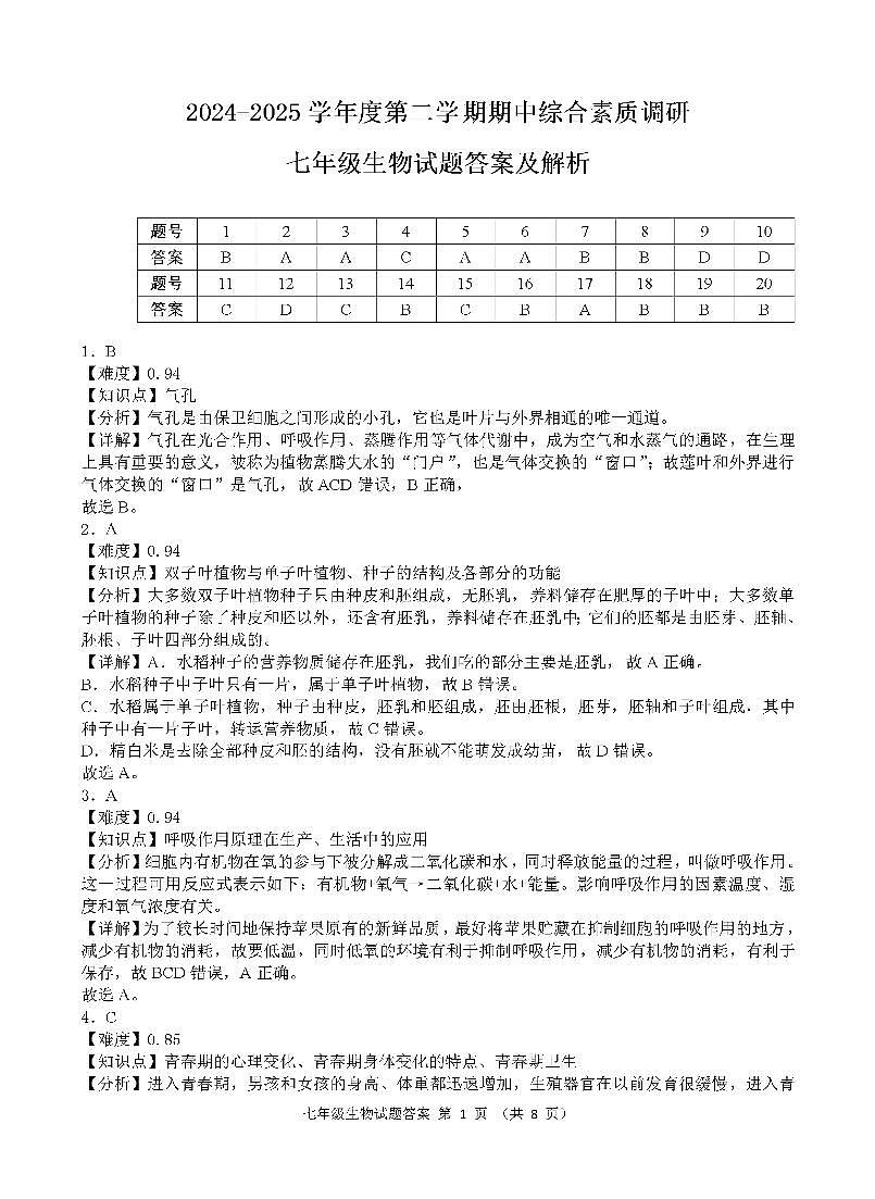 安徽省安庆市第二中学东区2024-2025学年七年级下学期期中综合素质调研生物试卷第3页