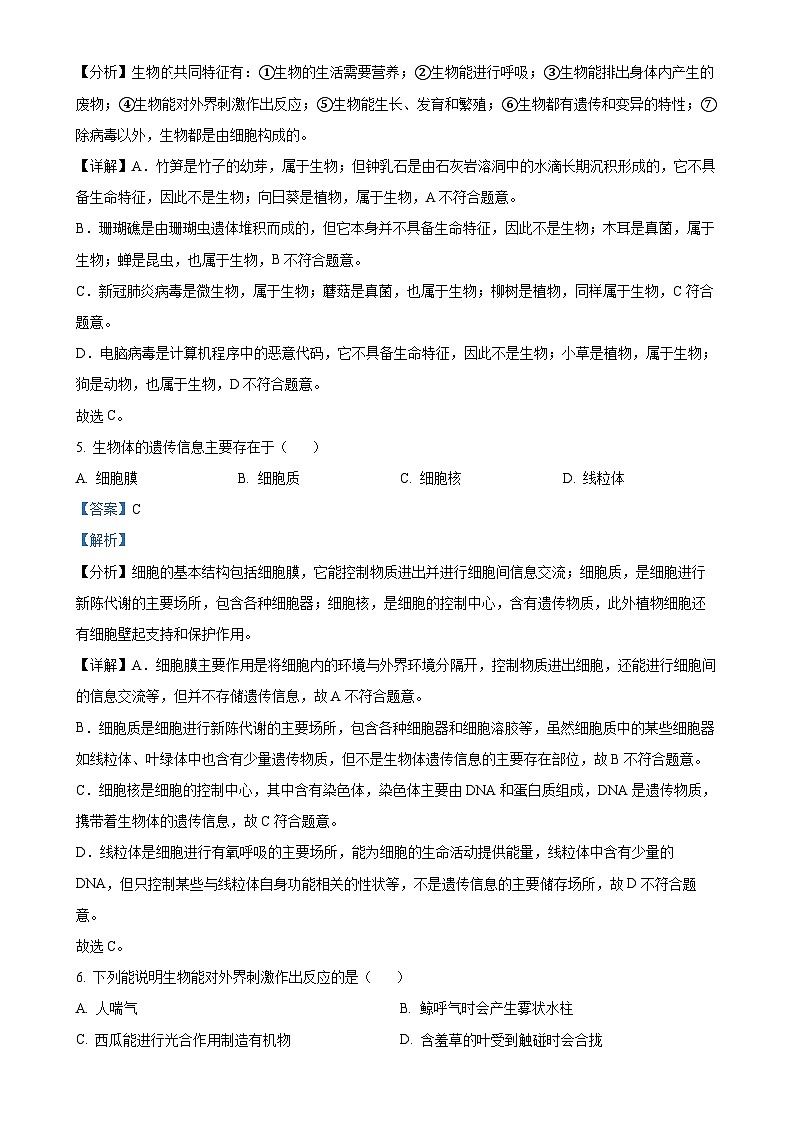 安徽省宿州市泗县2七年级上学期期末生物试题(解析版)-A4第3页