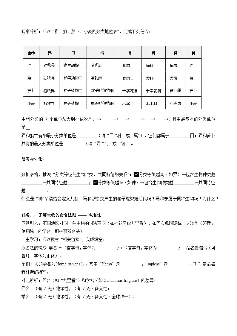 2.4.2 “种”是生物分类的基本单位(原卷版)(导学案)生物济南版2024七年级上册第2页