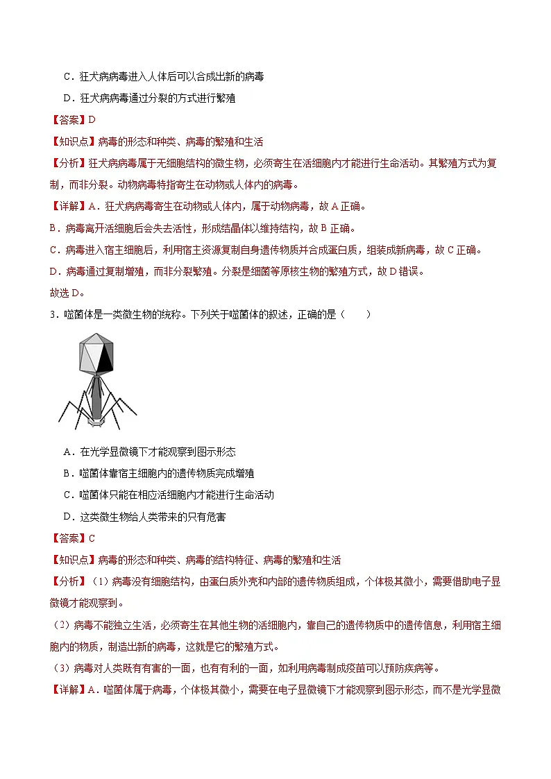 第二单元第三章 微生物主要包括病毒、细菌和真菌(专项训练)(解析版)第2页