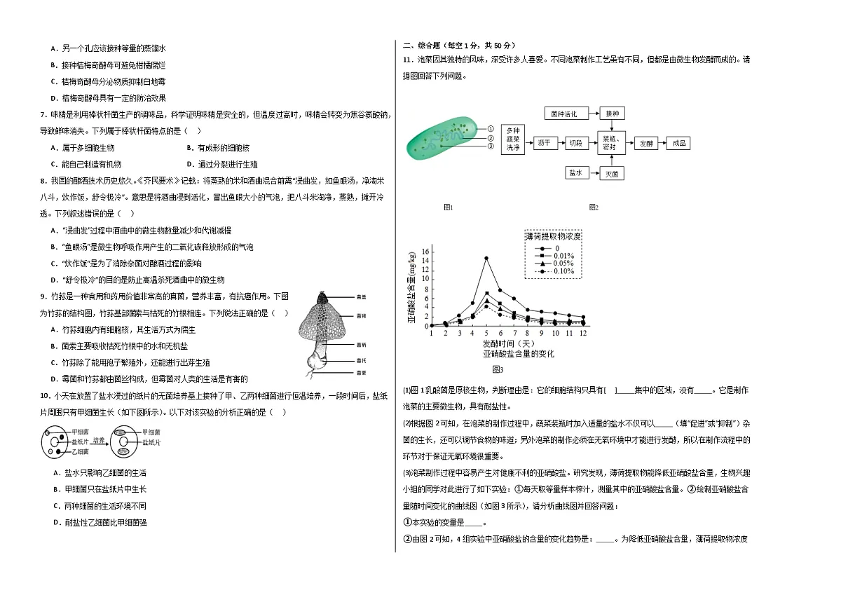 第二单元第三章 微生物主要包括病毒、细菌和真菌(单元测试)(考试版A3)第2页