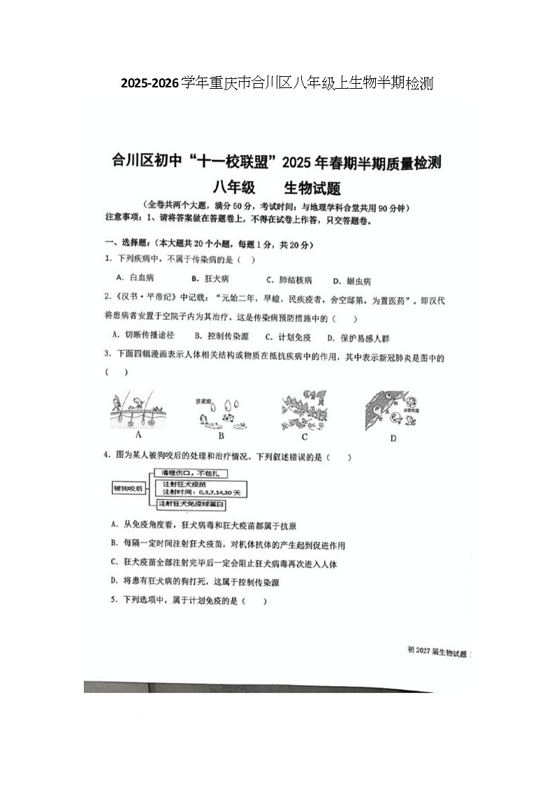 重庆市合川区初中“十一校联盟”2025-2026学年八年级上学期11月期中考试生物试题第1页