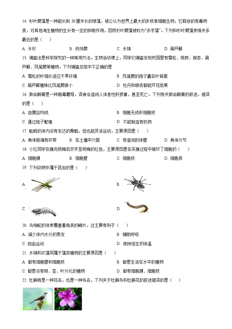 安徽省池州市青阳县2七年级上学期期末生物试题(原卷版)-A4第3页
