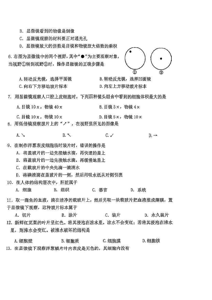 2025北京一零九中初一(上)期中生物试卷第2页