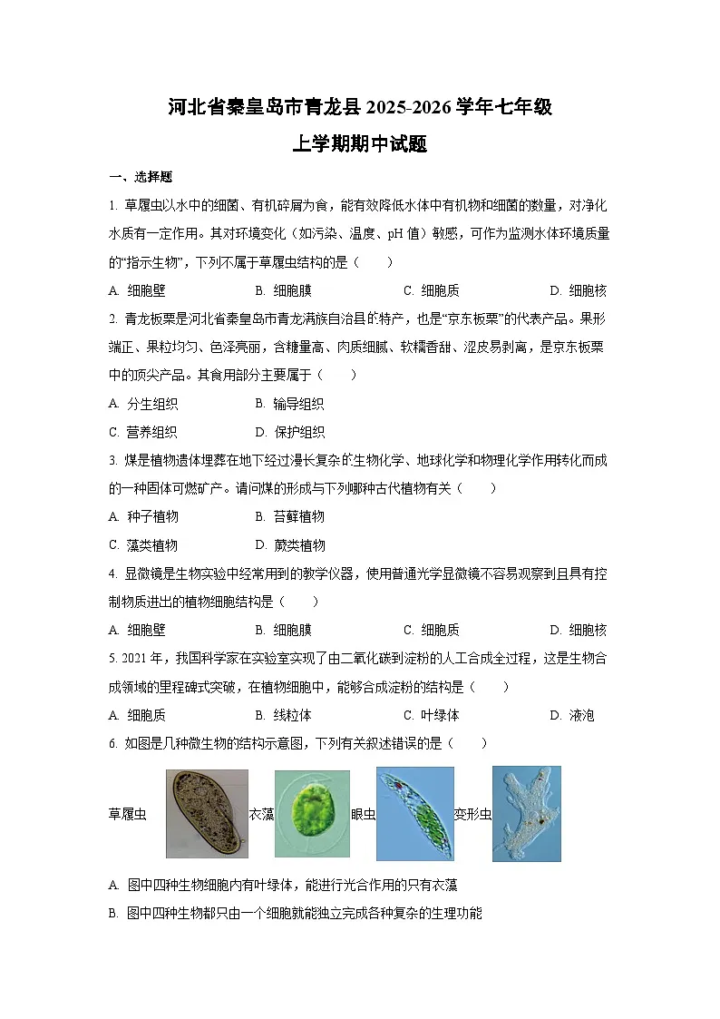 河北省秦皇岛市青龙县2025-2026学年七年级上学期期中生物试卷(学生版)第1页
