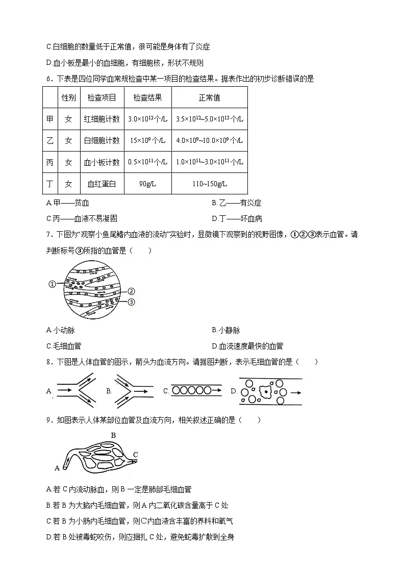 【学霸题优】4.7人体的物质运输 单元检测卷(学生版)第2页