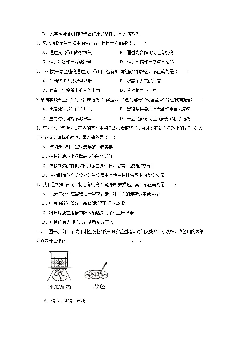 苏科版初中生物七下 5.12.1植物是生物圈中的生产者 同步练习(含答案)第2页