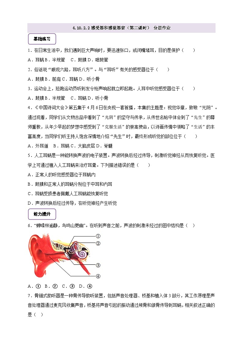 北师大版初中生物七下 4.10.2.2感受器和感觉器官(第二课时) 分层作业(含答案)第1页