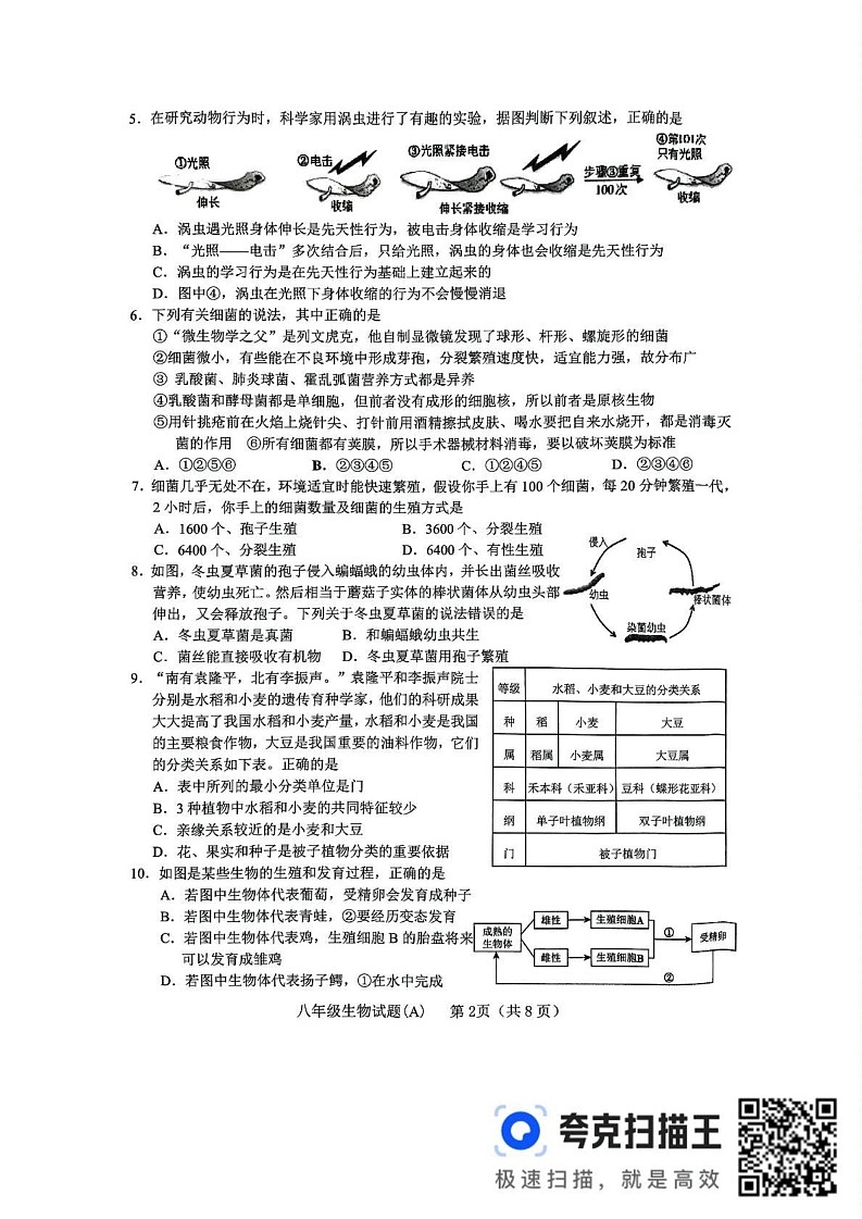 山东省临沂市临沭县2024-2025学年八年级上学期期末生物试题A卷第2页