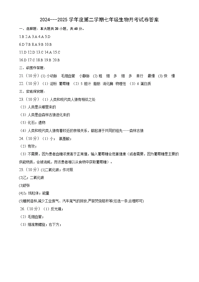 2025学年度第二学期七年级生物月考试卷答案-A4第1页
