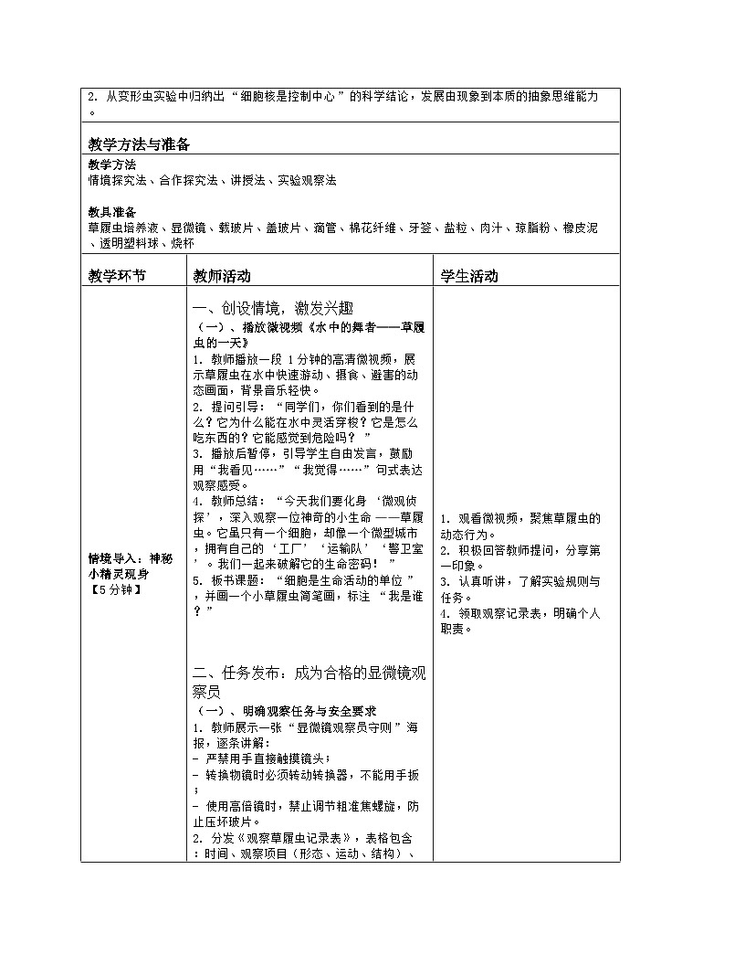 《2.2 细胞是生命活动的单位》教学设计(表格版)-2025-2026学年北师大版(2024)生物七年级上册第2页