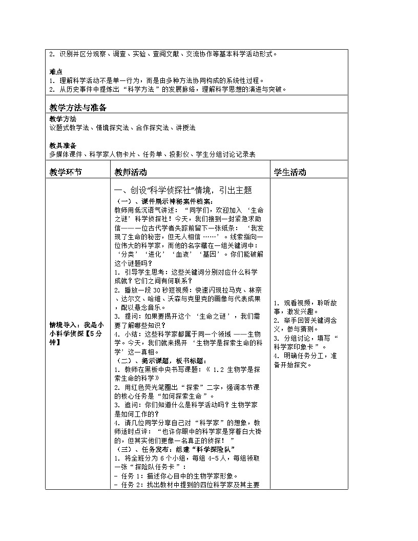 《1.2 生物学是探索生命的科学》教学设计(表格版)-2025-2026学年北师大版(2024)生物七年级上册第2页