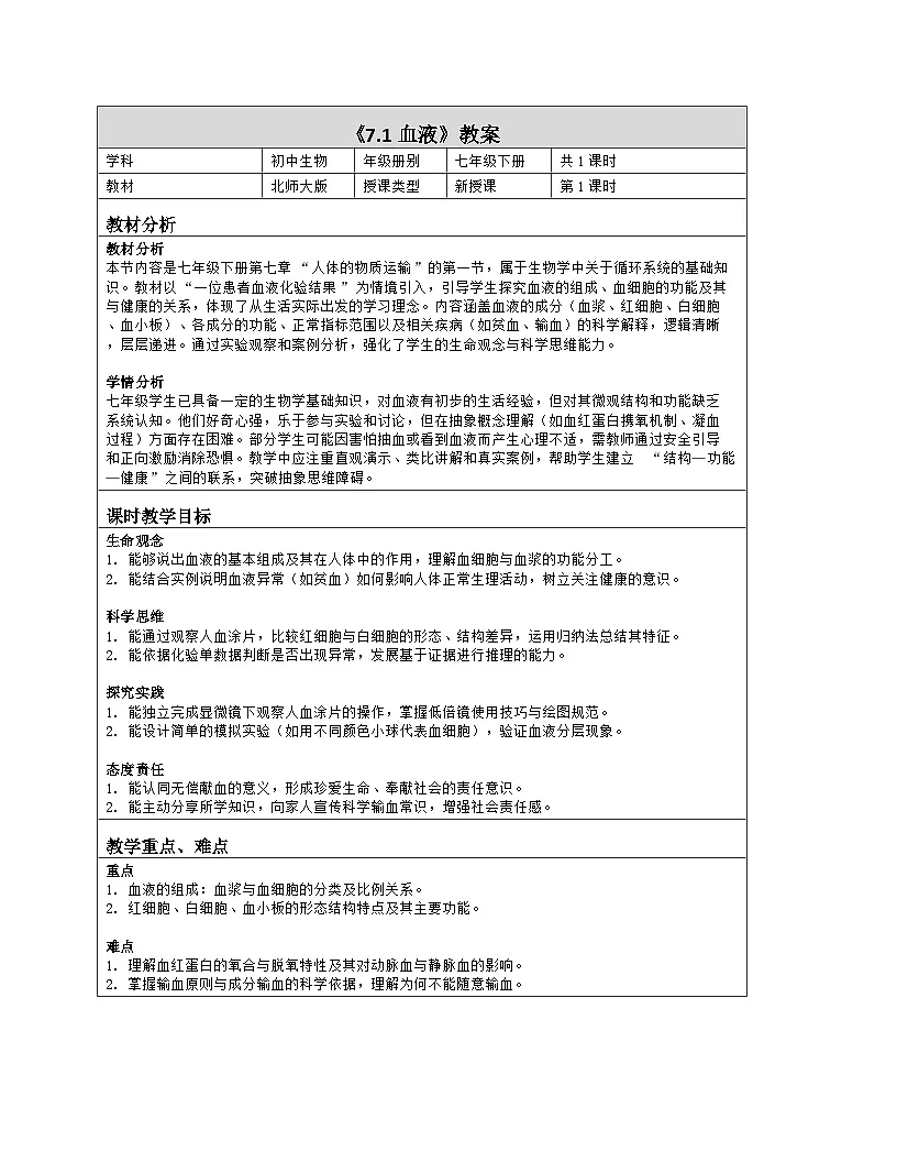 《7.1 血液》教学设计(表格版)-2025-2026学年北师大版(2024)生物七年级下册第1页