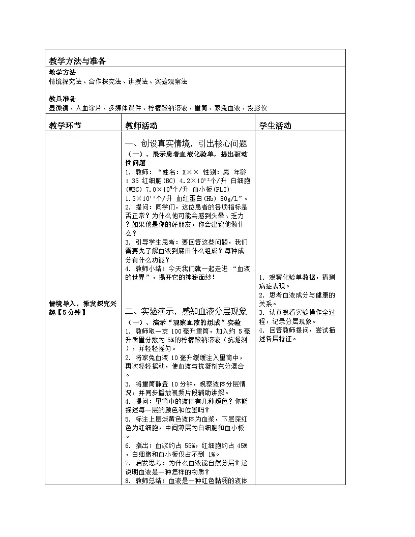 《7.1 血液》教学设计(表格版)-2025-2026学年北师大版(2024)生物七年级下册第2页