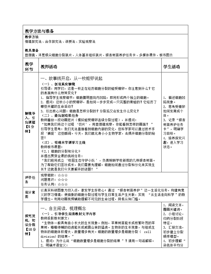 《2.1 细胞的分裂和分化》教学设计(表格版)-2025-2026学年苏教版(2024)生物七年级上册第2页