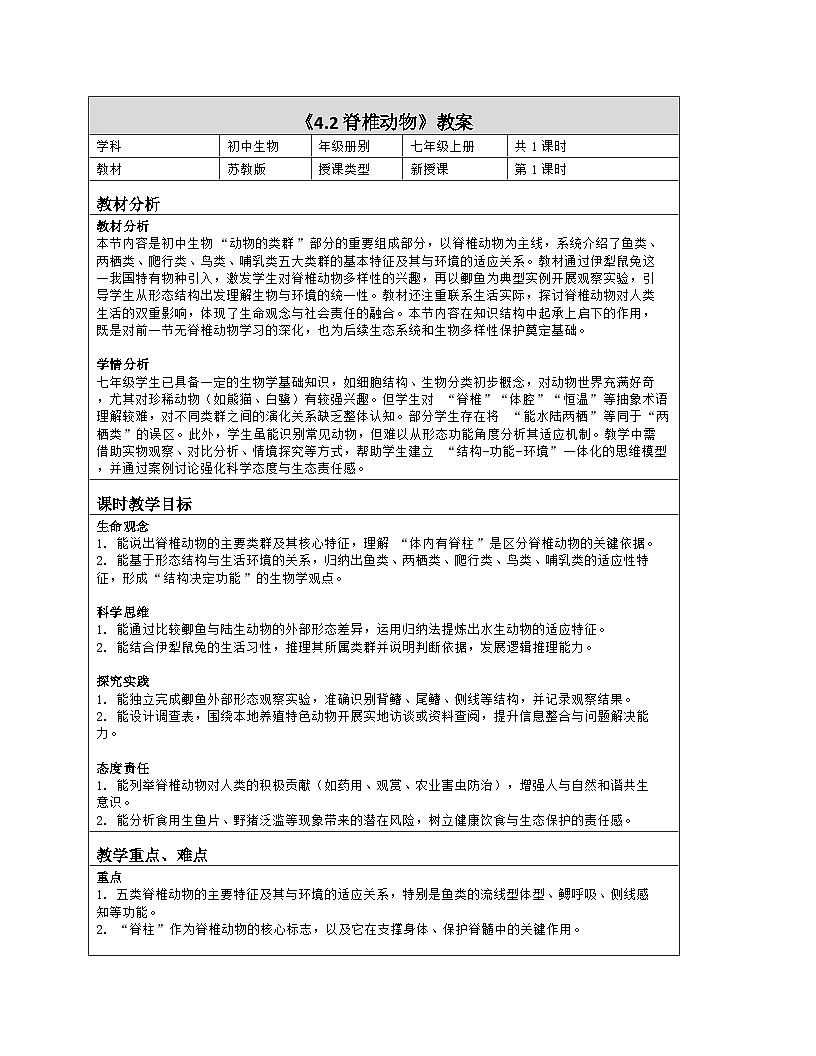 《4.2 脊椎动物》教学设计(表格版)-2025-2026学年苏教版(2024)生物七年级上册第1页