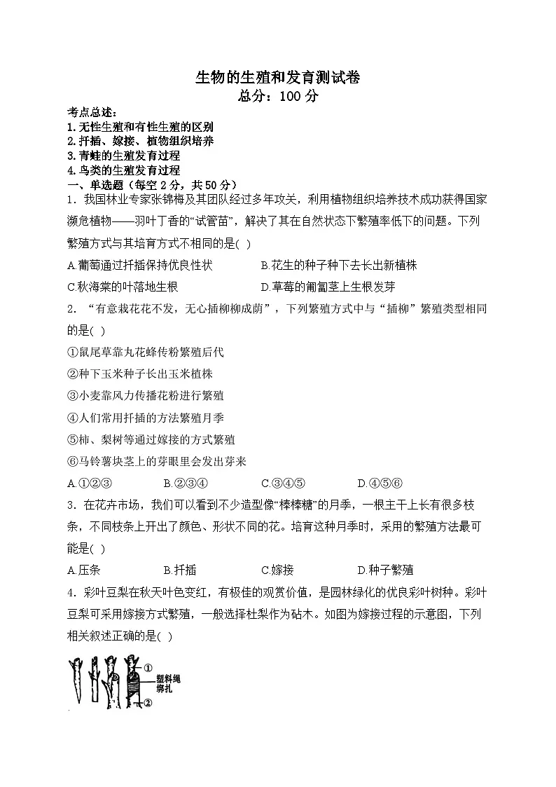 2026中考一轮复习专题四 生物的生殖和发育测试卷(含答案)第1页