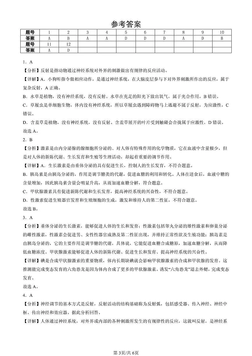 2025北京初一(下)期末生物汇编:生命活动的调节章节综合(京改版)(选择题)2第3页