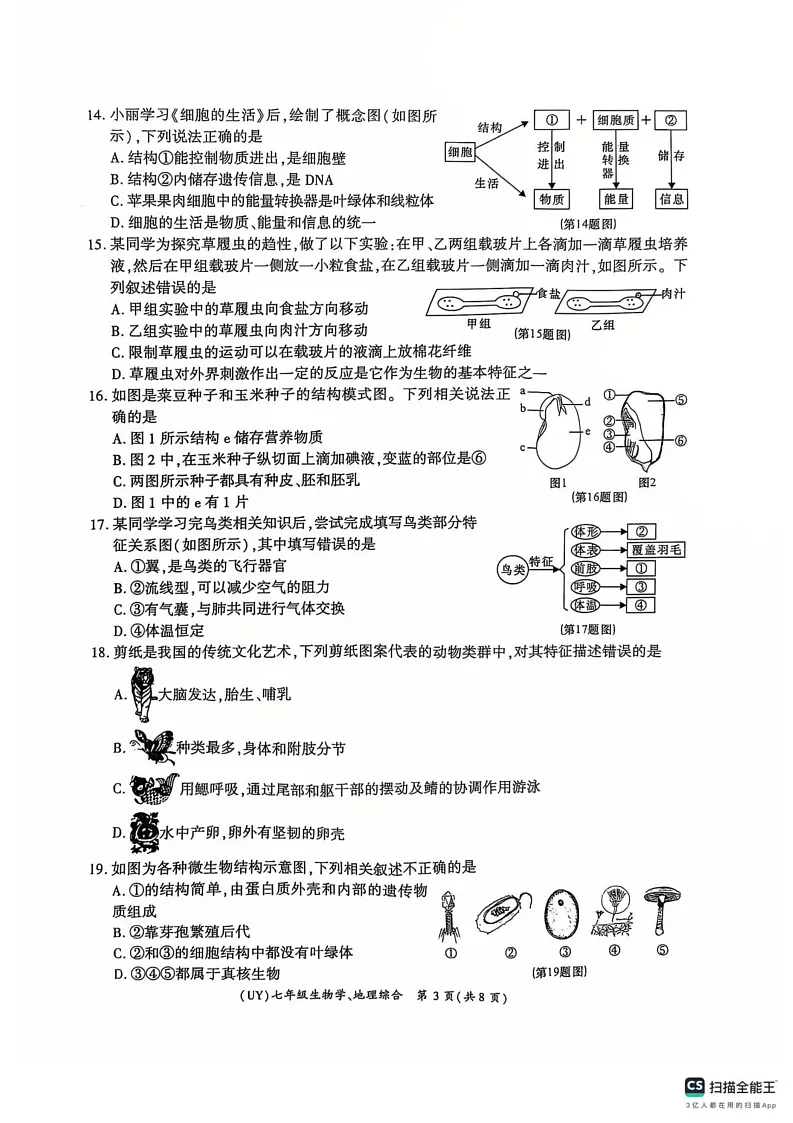 甘肃省陇南市武都区2024-2025学年七年级上学期期末生物试题第3页