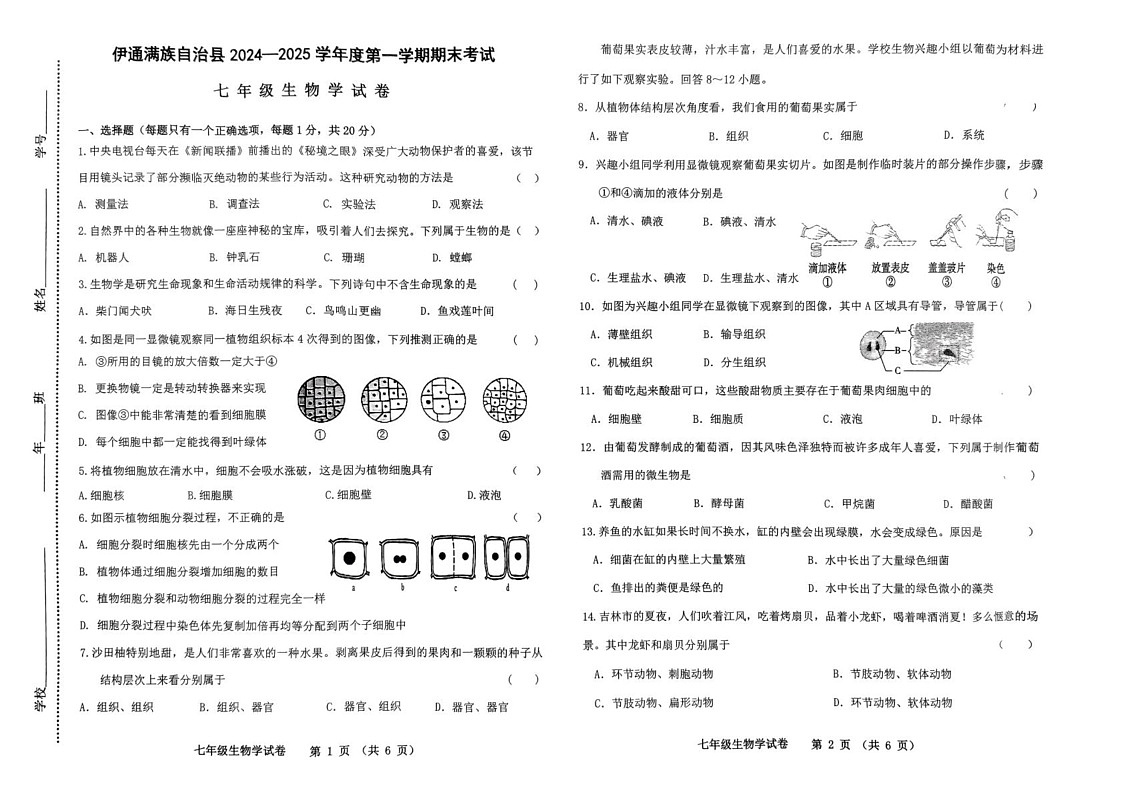 吉林省四平市伊通满族自治县2024-2025学年七年级上学期期末考试生物试题第1页