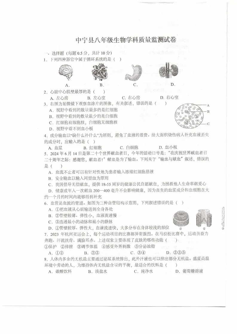 宁夏中卫市中宁县2024-2025学年八年级上学期1月期末生物试题第1页