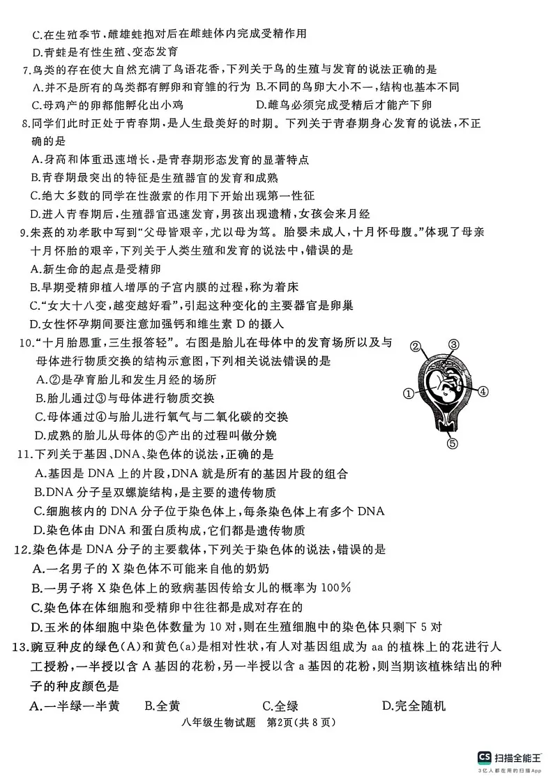 山东省曲阜市2024-2025学年八年级上学期期末考试生物试卷第2页