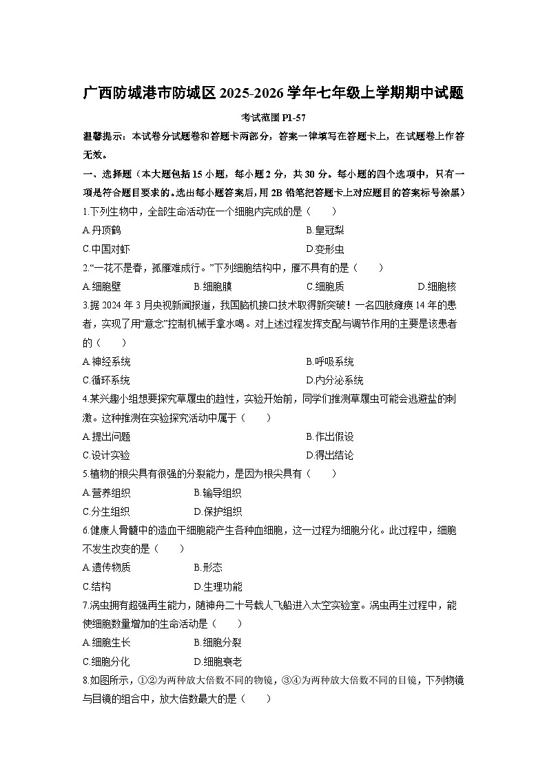 广西防城港市防城区2025-2026学年七年级上学期期中生物试卷(学生版)第1页