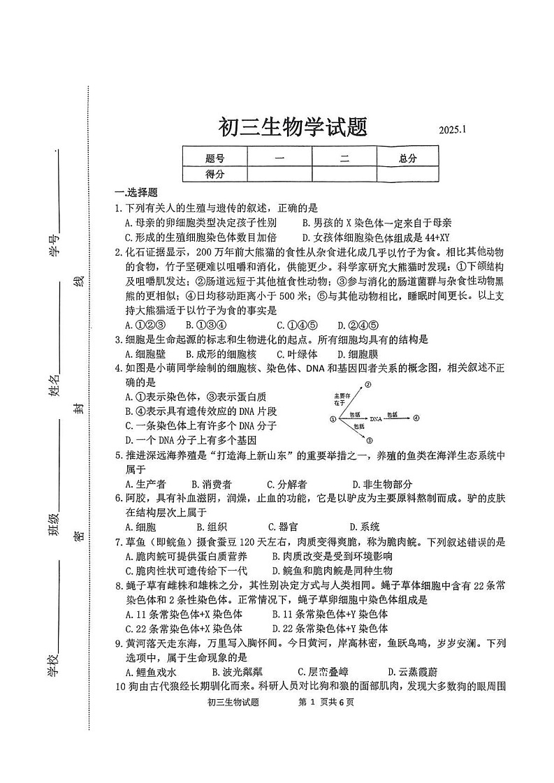 山东省淄博市淄川区2024-2025学年八年级上学期1月期末生物试题第1页