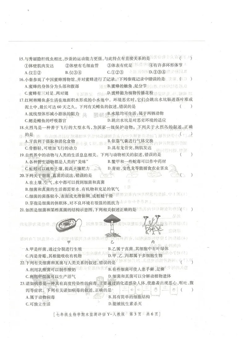 陕西省榆林市榆阳区2024-2025学年七年级上学期1月期末生物试题第3页