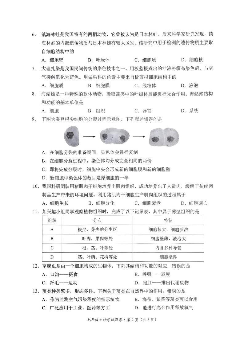 云南省昆明市官渡区2024-2025学年七年级上学期期末学业质量监测生物试卷第2页