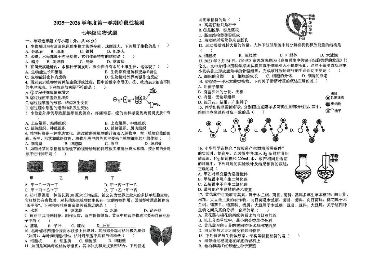 山东省青岛市即墨区实验学校2025-2026学年七年级上学期12月月考生物试卷第1页