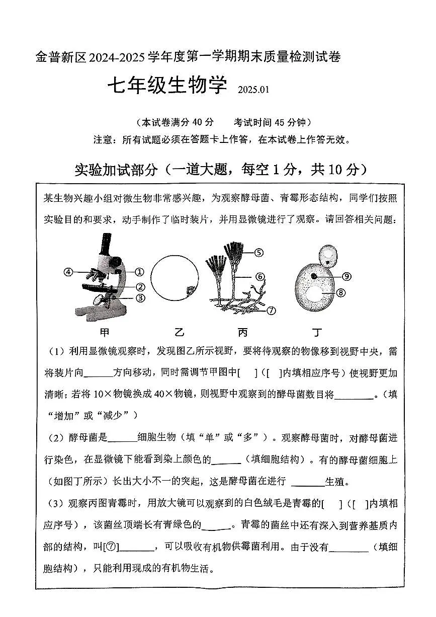辽宁省大连市金普新区2024-2025学年第一学期七年级生物期末试卷(含答案)第1页